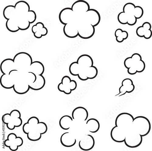 Set of cartoon smoke clouds and steam puffs. Black and white comic style vector illustration for explosion or dust effects.