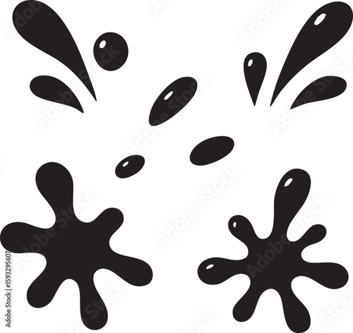 Collection of black ink splatters and liquid splashes. A set of graphic design elements with drops and blots isolated on white.