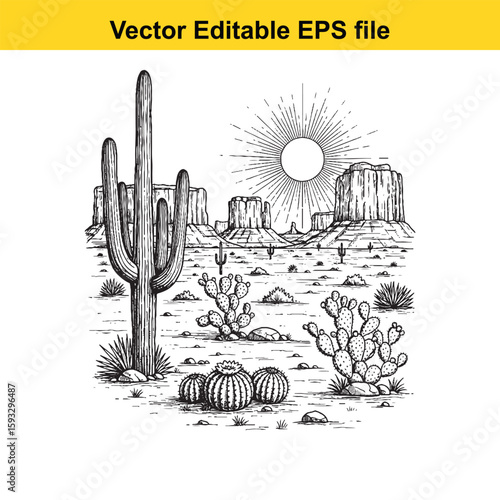Desert landscape with saguaro and prickly pear cacti
