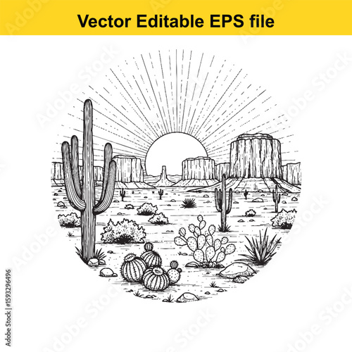 Desert landscape with saguaro and prickly pear cacti