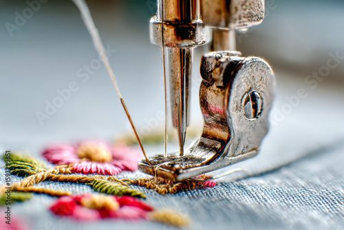 Close-up of sewing machine needle stitching colorful floral embroidery on fabric with intricate details