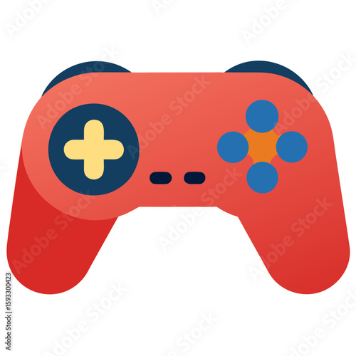 Red video game controller with blue and yellow buttons