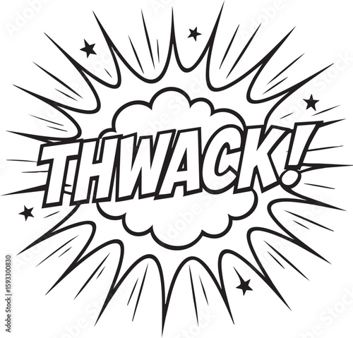Thwack! comic book sound effect in a pop art style explosion. Black and white vector illustration for cartoon design.