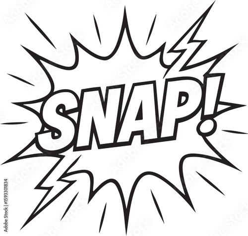 Snap! comic book sound effect in a pop art explosion bubble. Retro black and white onomatopoeia lettering for surprise concept.