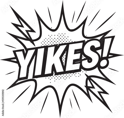 Comic Book Style Yikes! Speech Bubble with Lightning Bolt and Halftone Dots Explosion