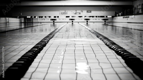 Black and White Image of Still Water in a Swimming Pool Lane