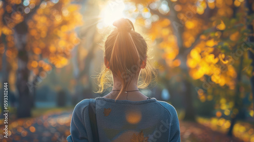 Fototapeta Naklejka Na Ścianę i Meble -  Autumn walk: Woman gazes at sunlit fall foliage, hair in a bun, wearing a sweater, enjoying the scenery.