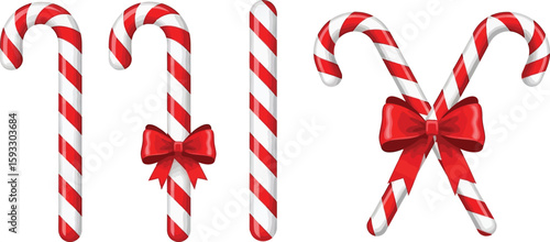 A group of red and white striped candy canes with red bows on a white background for christmas