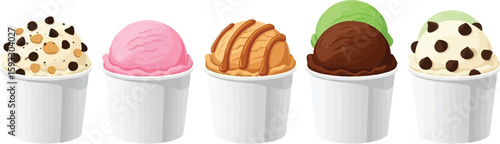 A row of five paper cups filled with different flavors of ice cream on a white background space