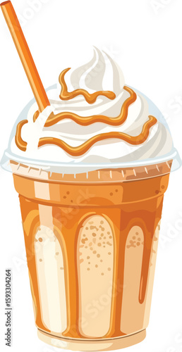A caramel frappe with whipped cream and caramel drizzle in a plastic cup with a straw on white