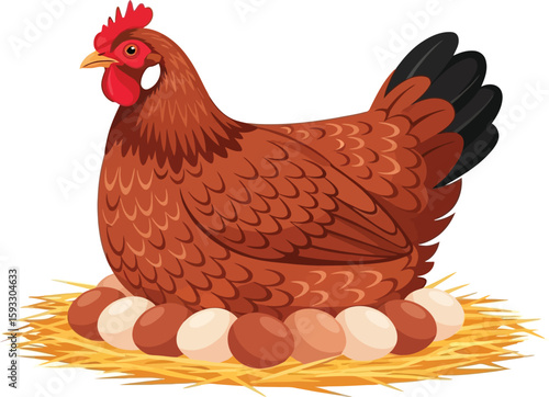 A cartoon illustration of a brown hen sitting on a nest of eggs on a white background space