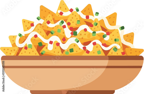 A bowl full of nachos with cheese sauce and chopped vegetables on a white background image