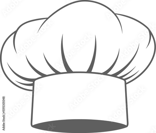 A simple white chef's hat with gray shading and black outline on a white background design element