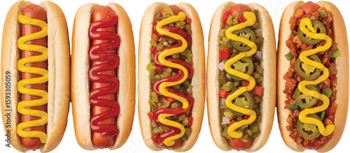 A top down view of five hot dogs in buns with various toppings arranged on a white background