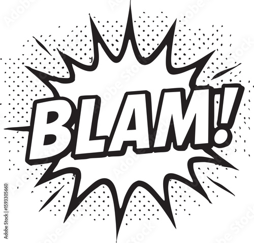 Retro comic book sound effect 'Blam!' in a starburst explosion bubble. Black and white pop art vector illustration for action concepts.