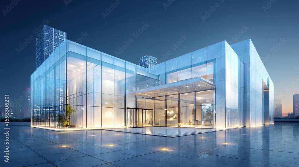 Fototapeta premium Modern Glass Building Architecture Night Cityscape Design Luxury Real Estate Exterior Contemporary Urban Development Skyscraper Commercial Property Office Building Elegant Facade 