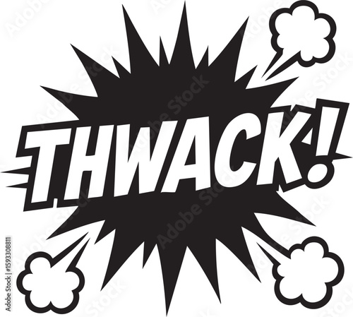 Comic Book Thwack! Effect in Black and White Pop Art Style Explosion with Sound Effect. Design for Graphic Novel, Action, and Dynamic Impact.