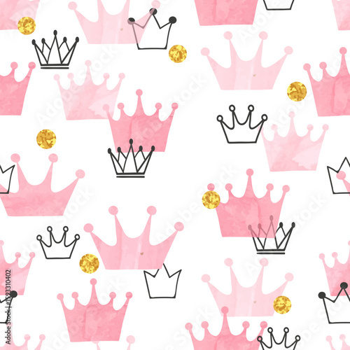 Little princess seamless pattern. Vector baby shower illustration with pink w...