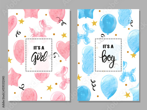 Baby shower card with watercolor balloons vector set. Invitation cards design...