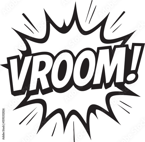 VROOM! Comic Book Style Sound Effect Illustration in Bold Black and White for Action, Speed, and Exclamations