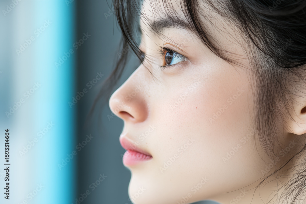Fototapeta premium Close-up side profile of young woman in soft natural light