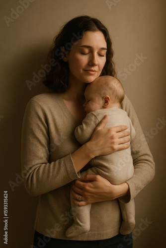 Caucasian female adult holding sleeping baby in beige clothing