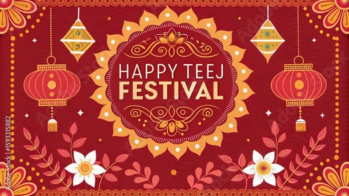Happy Teej Festival Greeting Card with Lanterns