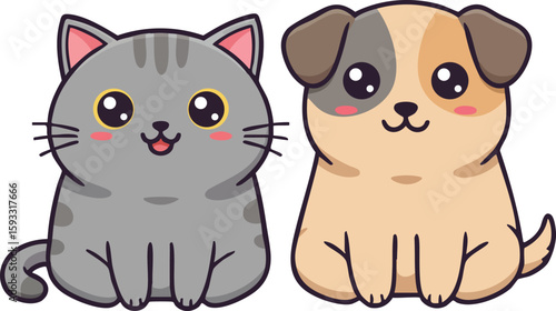 Cute cartoon gray cat and beige dog sitting side by side illustration for pet lovers and animal themes 