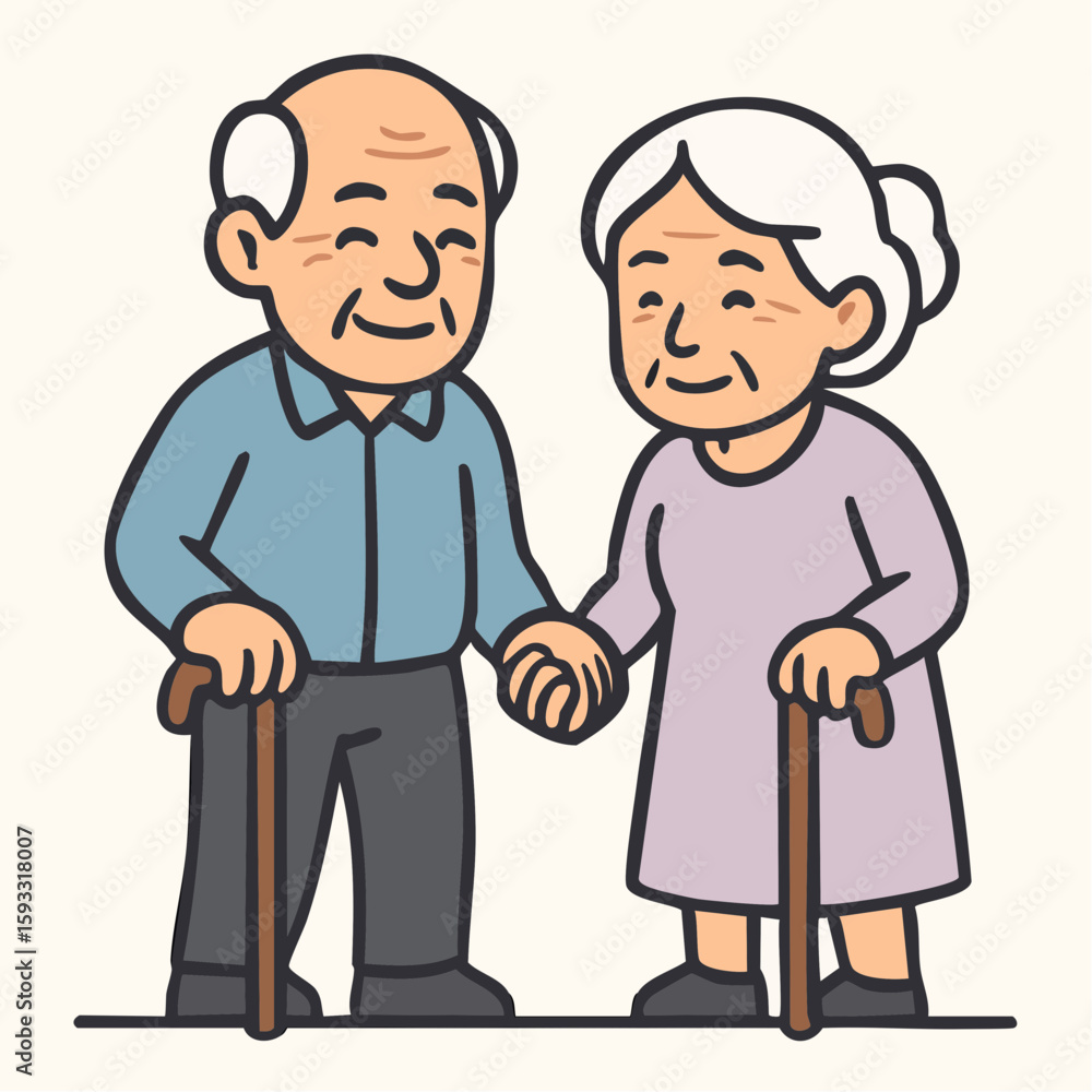 Elderly couple holding hands, smiling, and using walking canes for support. Elderly couple holding hands, smiling, and using walking canes for support.