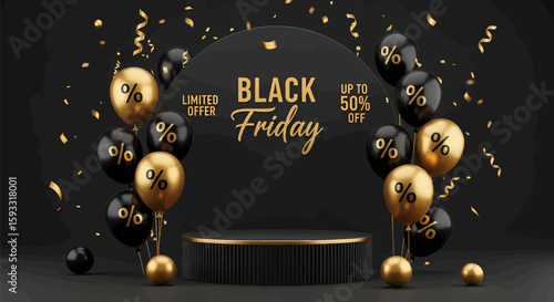 Exclusive Black Friday Sale Celebrate savings with special deals and discounts on decorative gold balloons, stage and confetti background.