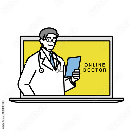 ノートPC画面に映るオンライン医師のイラスト（遠隔診療）