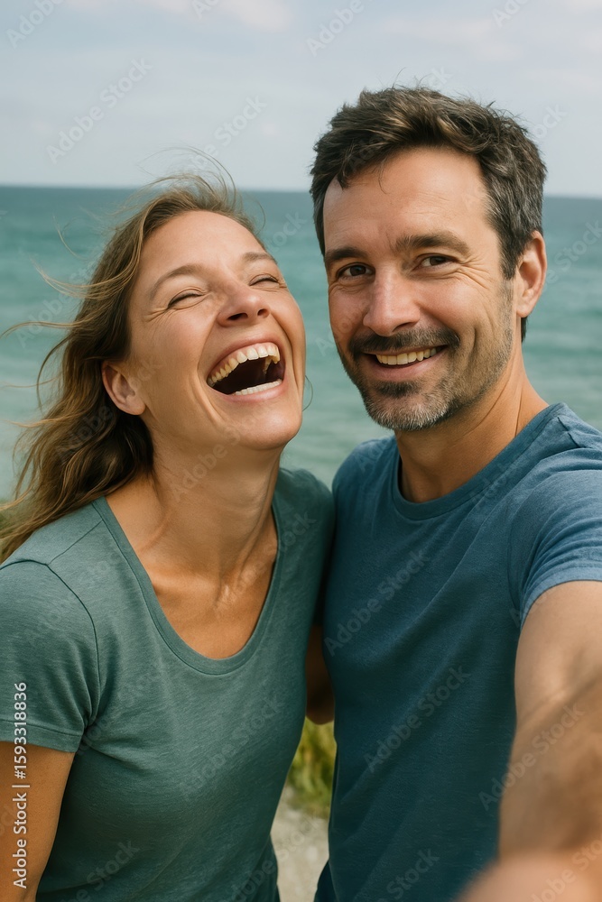 Fototapeta premium Smiling caucasian couple enjoying beach day