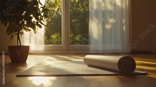 Tranquil Yoga Space with Sunlight and Rolled Mat in Modern Room