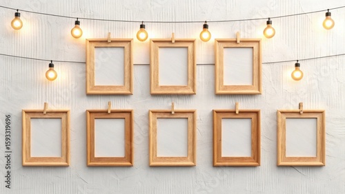 Wooden picture frames hanging on wall with string lights, home decor and display of family photos