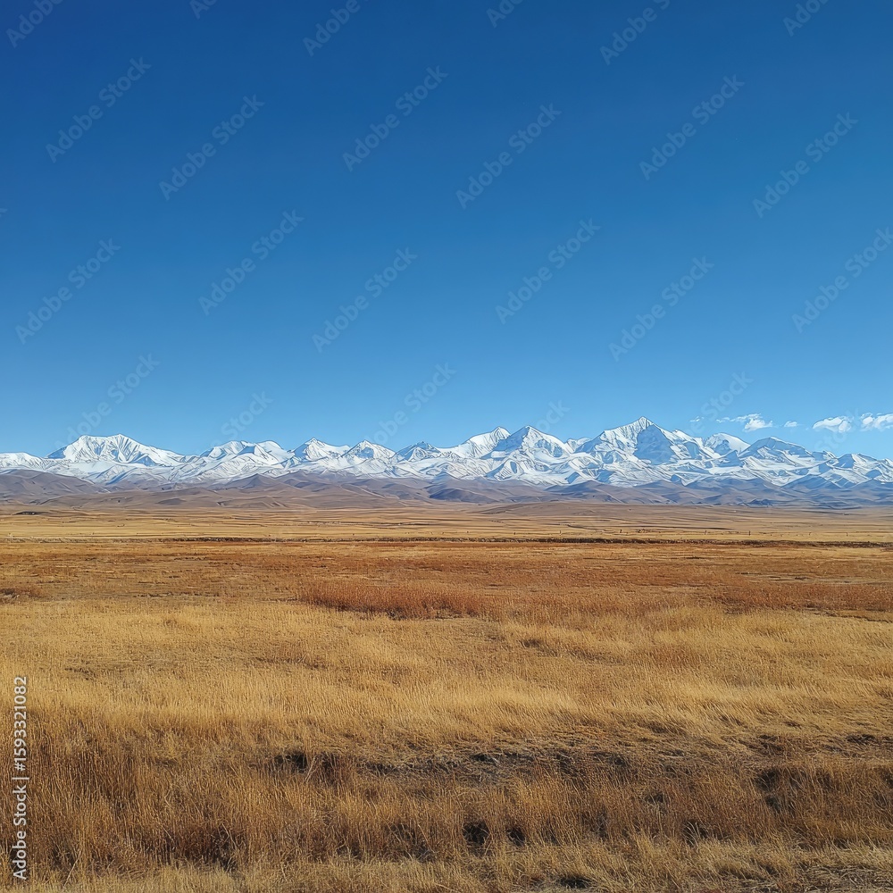 Fototapeta premium Vast, dry, golden plain stretches to snow-capped mountain range under a vibrant blue sky