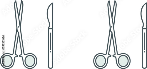 Illustration of two sets of surgical instruments including forceps and scalpel on white background