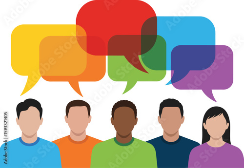 Illustration of diverse people with overlapping colorful speech bubbles above their heads