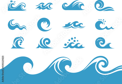 A collection of stylized blue water waves in various shapes and sizes on a white background