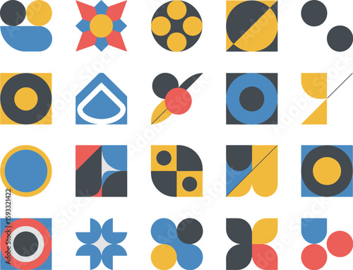 Geometric shapes in various arrangements and colors on a light gray background display