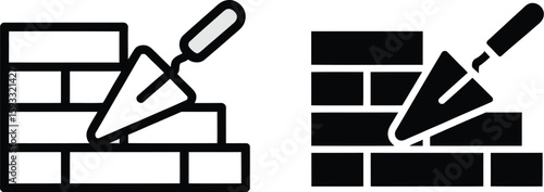 Illustration of brick wall construction with trowel in outline and solid black style set