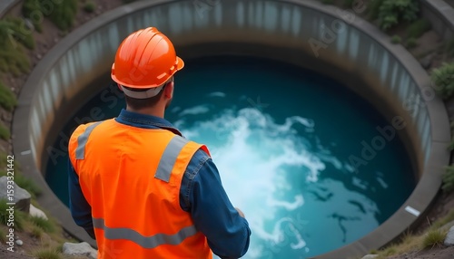 Water treatment plant worker monitors wastewater flowing into basin. Engineer in orange helmet, vest observes water purification process. Environmental tech, industry, created with generative ai