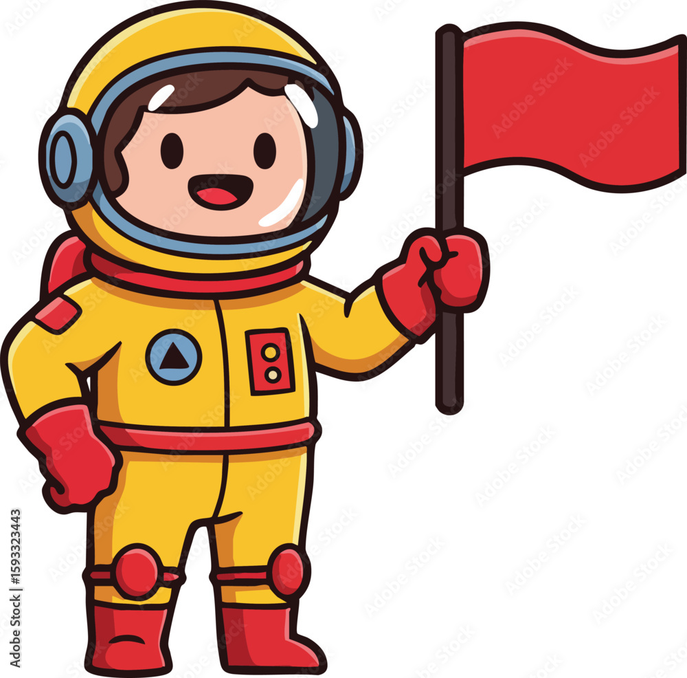 Obraz premium Child astronaut in yellow spacesuit holding red flag vector illustration for kids space exploration theme 