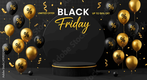 Black Friday Sale Design Balloons and Stage Ready to Attract Attention with Limited Offers for your Shop 