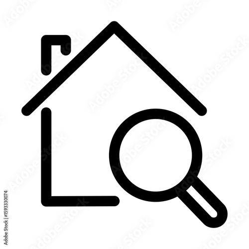 home search icon. Magnifying glass inside house.