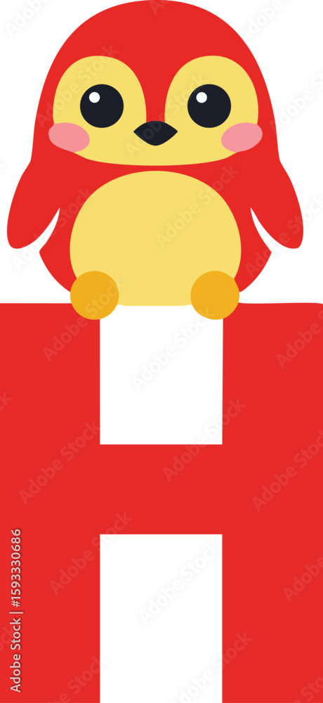 Obraz premium Cute red and yellow penguin sitting on large red letter H vector illustration for children’s alphabet learning material 