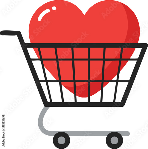 Red heart inside shopping cart illustration symbolizing love and care in consumer choices vector graphic 