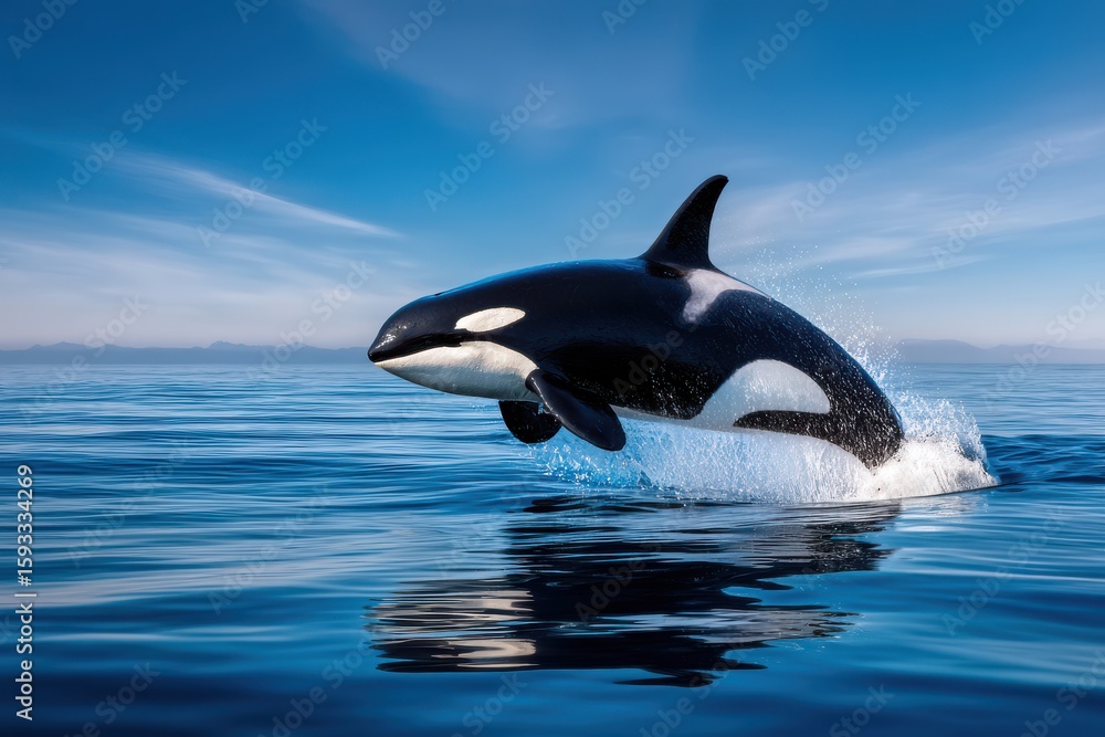 Obraz premium Majestic orca leaps gracefully from calm ocean waters under bright blue skies at midday