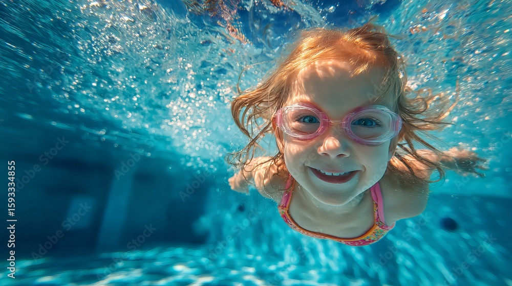 Fototapeta premium Underwater delight: Smiling little girl with goggles swims joyfully in a sparkling blue swimming pool capturing carefree summer fun.