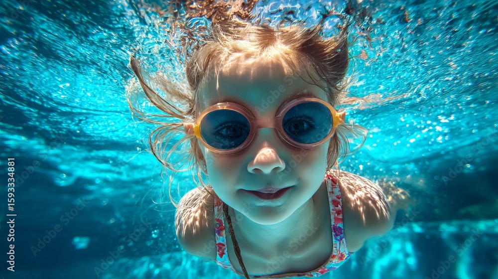 Fototapeta premium Underwater beauty: a little girl with glasses swims in a clear blue swimming pool feeling refreshing.