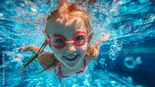 Underwater fun with a smiling child swimming in a pool, wearing goggles and red hair flowing freely.